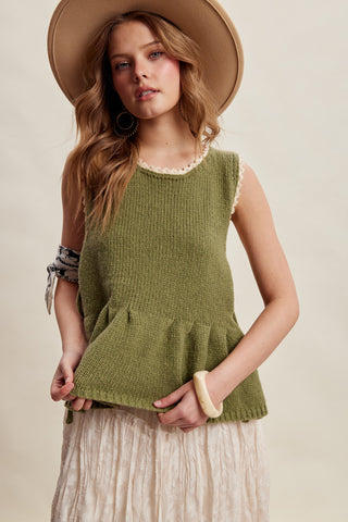 Lace Trim Side Tie Knit Peplum Top