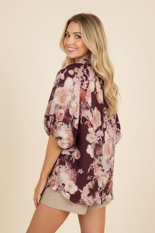 Burgundy Floral Print Puff Sleeve Split V-Neck Blouse