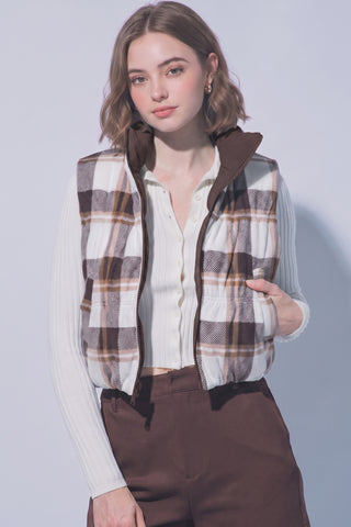 Reversible Solid to Plaid Puffer Vest