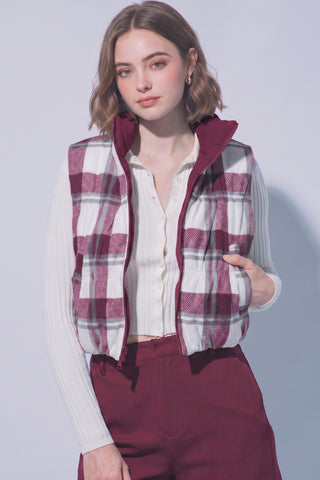 Reversible Solid to Plaid Puffer Vest