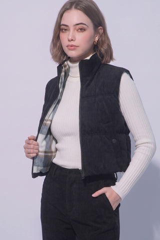 Reversible Solid to Plaid Puffer Vest