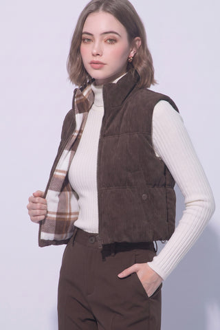 Reversible Solid to Plaid Puffer Vest