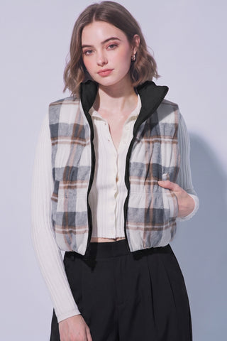 Reversible Solid to Plaid Puffer Vest