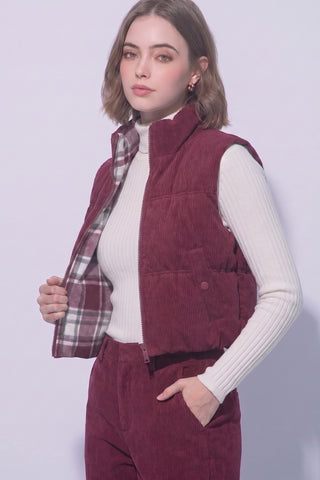 Reversible Solid to Plaid Puffer Vest
