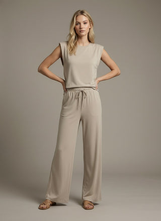 Wide-Leg Drawstring Knit Sleeveless Top & Pants Set