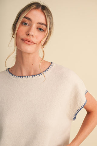 Cap Sleeve Blanket Stitch Sweater