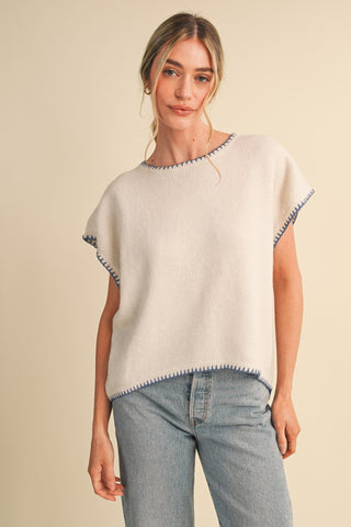 Cap Sleeve Blanket Stitch Sweater