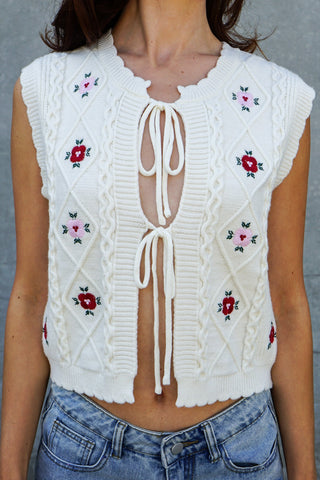 Rosette Tie-Front Floral Embroidered Vest