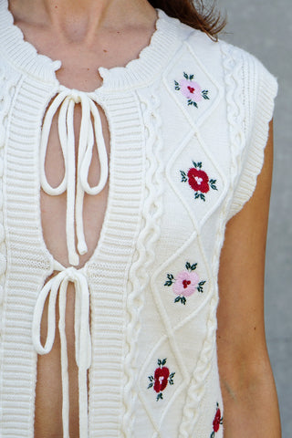Rosette Tie-Front Floral Embroidered Vest