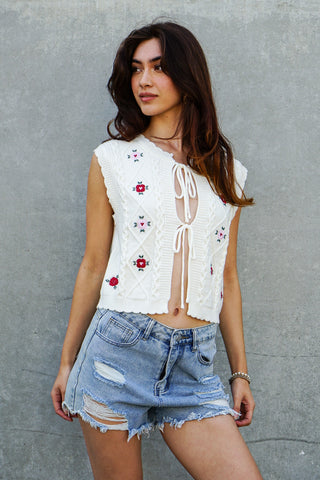 Rosette Tie-Front Floral Embroidered Vest