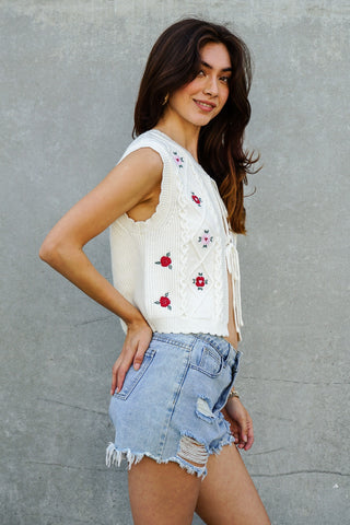 Rosette Tie-Front Floral Embroidered Vest