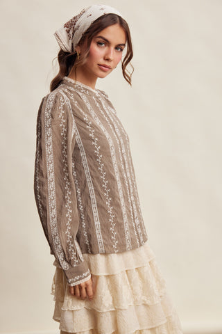 Embroidered Lace Trim Button-up Blouse