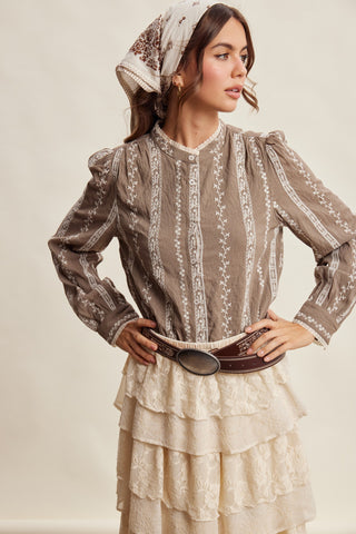 Embroidered Lace Trim Button-up Blouse