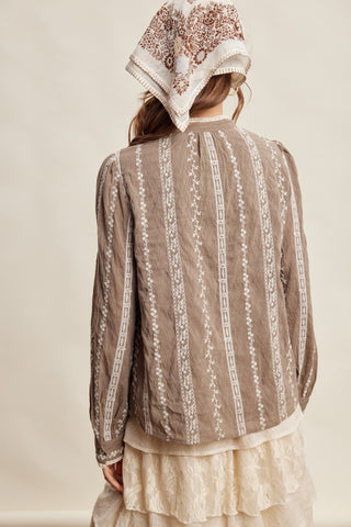 Embroidered Lace Trim Button-up Blouse