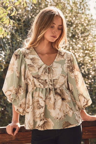 Sage Floral Printed V-Neck Top