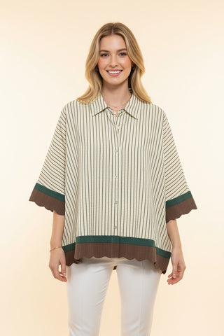 Cream & Hunter Green Striped Scallop Hem Button Front Blouse