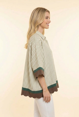 Cream & Hunter Green Striped Scallop Hem Button Front Blouse
