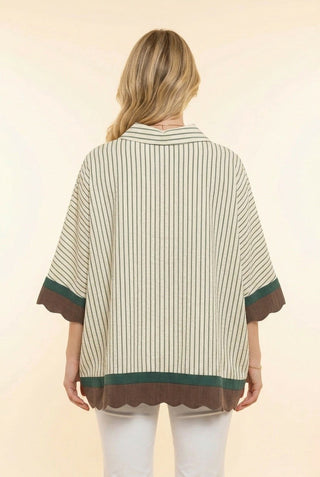 Cream & Hunter Green Striped Scallop Hem Button Front Blouse