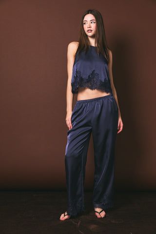 Dusty Blue Lace Trim Wide Leg Elastic Waist Pants