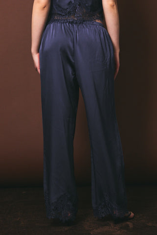 Dusty Blue Lace Trim Wide Leg Elastic Waist Pants