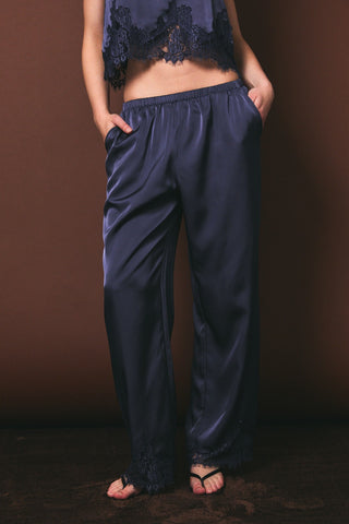 Dusty Blue Lace Trim Wide Leg Elastic Waist Pants