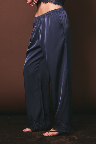 Dusty Blue Lace Trim Wide Leg Elastic Waist Pants