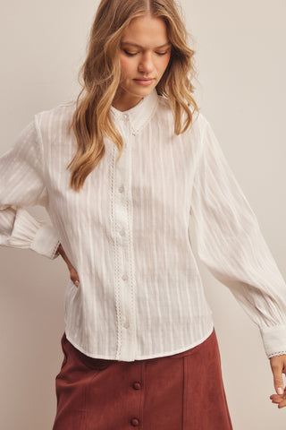 Lace Trim Embroidered Button Down Blouse
