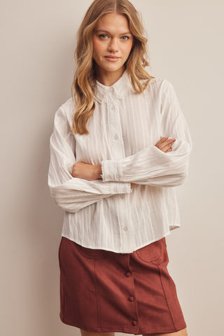 Lace Trim Embroidered Button Down Blouse