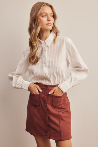 Lace Trim Embroidered Button Down Blouse