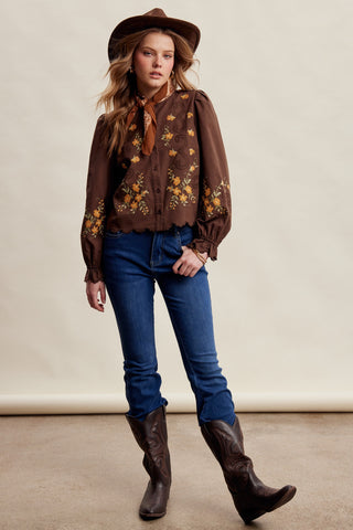 Embroidered Scallop Hem Cotton Blouse