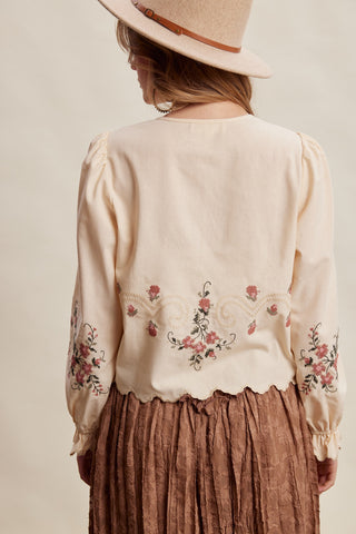 Embroidered Scallop Hem Cotton Blouse