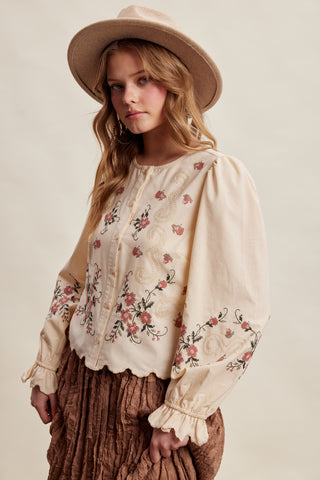 Embroidered Scallop Hem Cotton Blouse