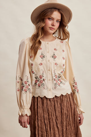 Embroidered Scallop Hem Cotton Blouse