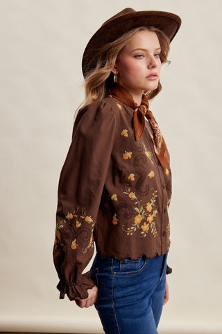 Embroidered Scallop Hem Cotton Blouse