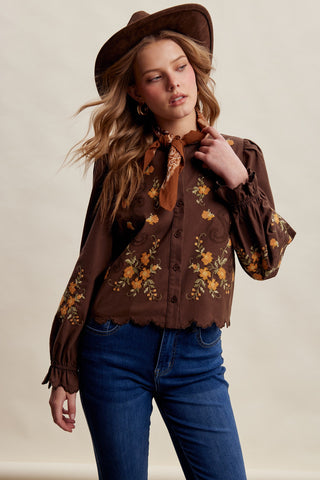 Embroidered Scallop Hem Cotton Blouse