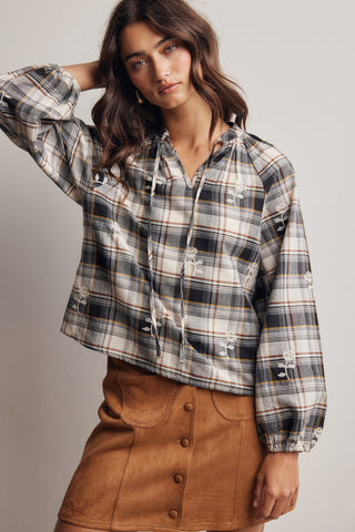 Embroidered Plaid Tie Neck Blouse