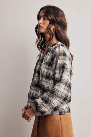 Embroidered Plaid Tie Neck Blouse
