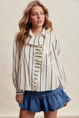 Embroidered Stripe Ruffle Front Blouse