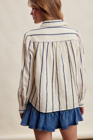 Embroidered Stripe Ruffle Front Blouse