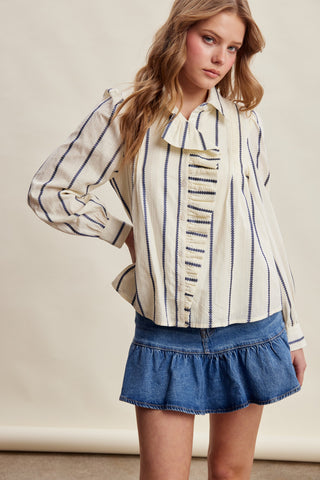 Embroidered Stripe Ruffle Front Blouse