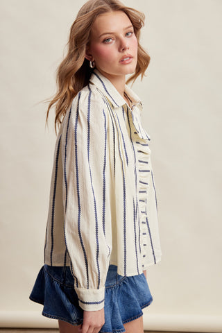 Embroidered Stripe Ruffle Front Blouse