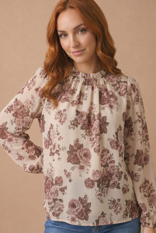 Taupe Vintage Floral Pleated High Neck Bubble Sleeve Blouse