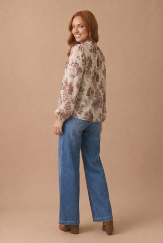 Taupe Vintage Floral Pleated High Neck Bubble Sleeve Blouse