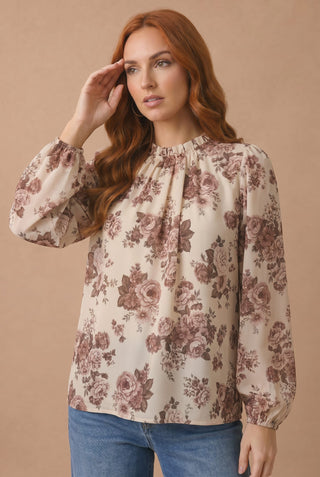 Taupe Vintage Floral Pleated High Neck Bubble Sleeve Blouse