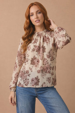 Taupe Vintage Floral Pleated High Neck Bubble Sleeve Blouse