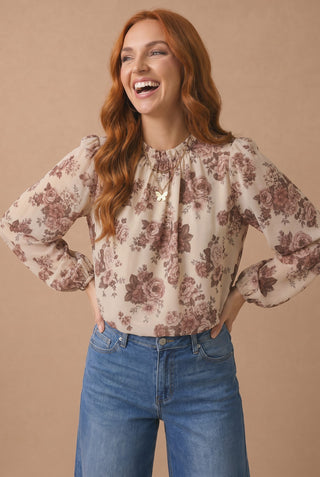 Taupe Vintage Floral Pleated High Neck Bubble Sleeve Blouse