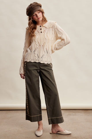 Ruffle Collar Cable Knit Sweater