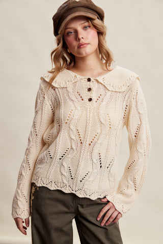 Ruffle Collar Cable Knit Sweater