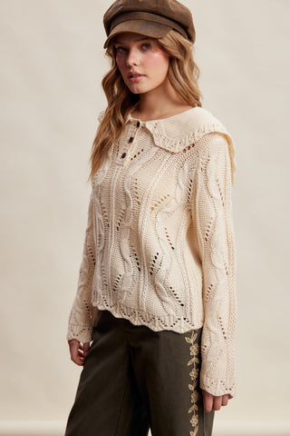 Ruffle Collar Cable Knit Sweater