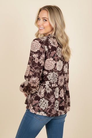 Burgundy Floral Chrysanthemum Tie-Neck Babydoll Blouse